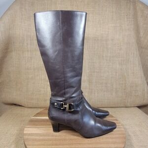 Anne Klein Iflex Boots Brown Leather Knee High Heeled Boots Buckle Size 6